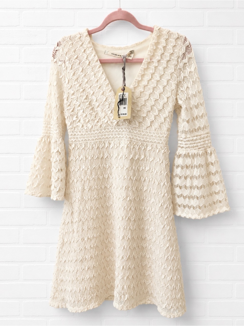 Chelsea & Theodore Crochet V-Neck Bell Sleeve Mini Dress